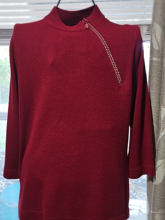 Designer Originals Tops - Women’s Ruby Red Mock Neck Sweater Top with Decorative Diagonal Zip